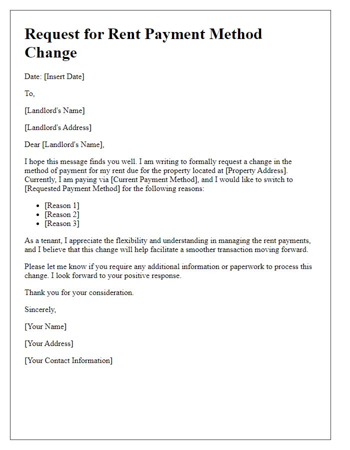 Letter template of submission for tenant rent payment method request