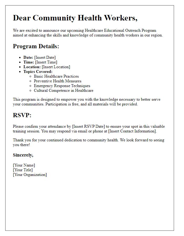 Letter template of a healthcare educational outreach program for community health workers.