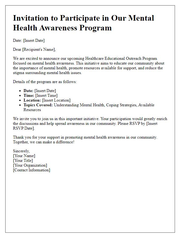 Letter template of a healthcare educational outreach program for mental health awareness.