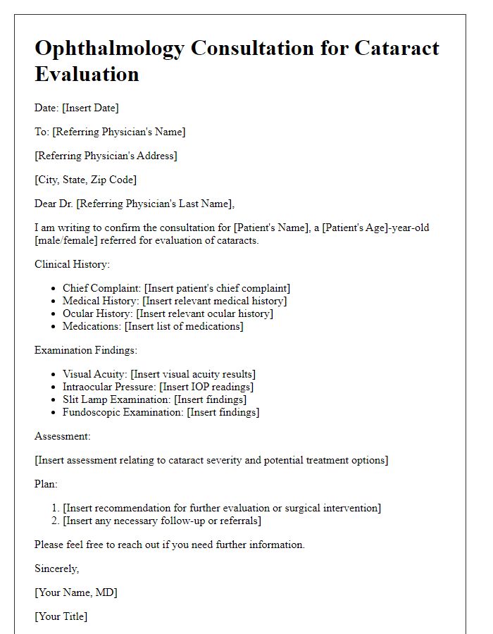 Letter template of ophthalmology consultation for cataract evaluation.