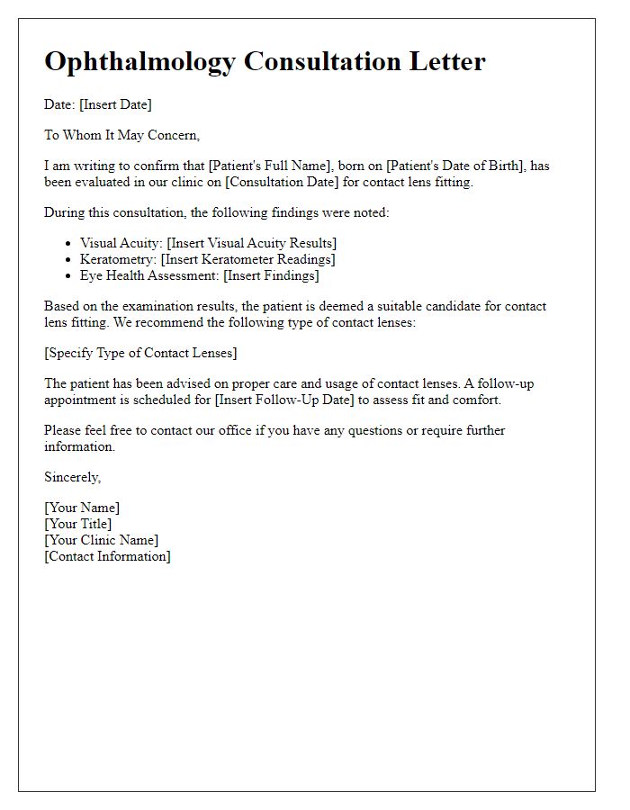 Letter template of ophthalmology consultation for contact lens fitting.