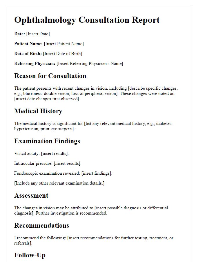 Letter template of ophthalmology consultation following recent vision changes.