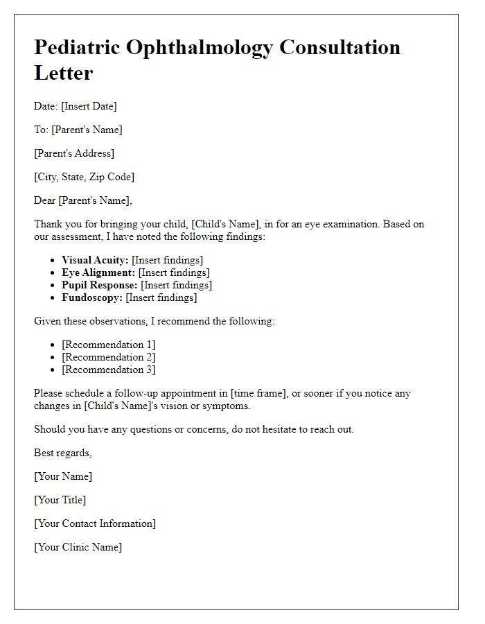 Letter template of ophthalmology consultation for pediatric eye examination.