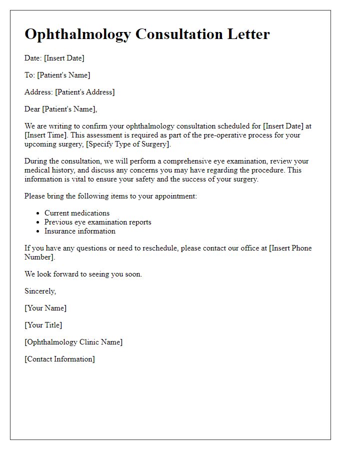 Letter template of ophthalmology consultation for pre-operative assessment.