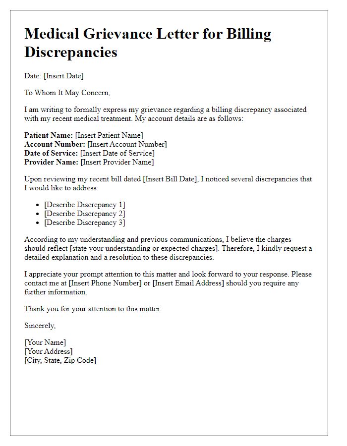 Letter template of Medical Grievance for Billing Discrepancies