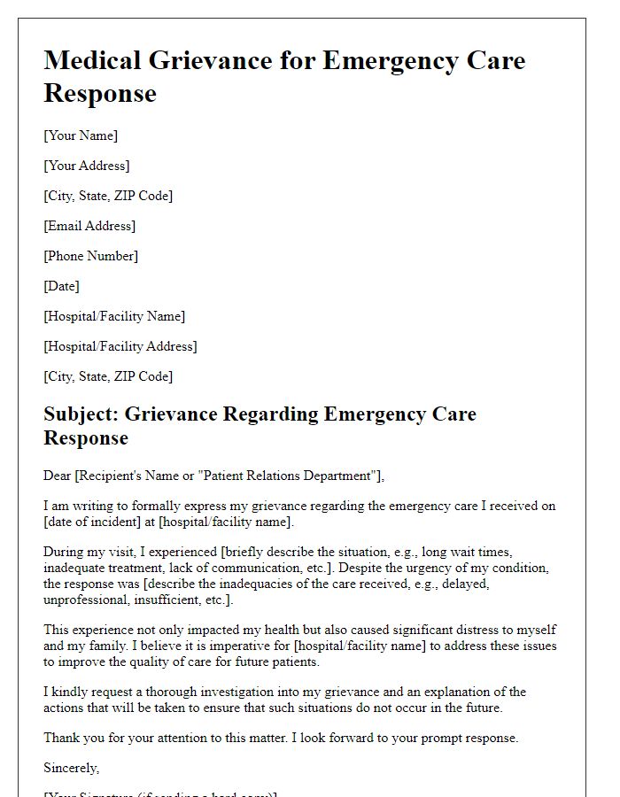 Letter template of Medical Grievance for Emergency Care Response