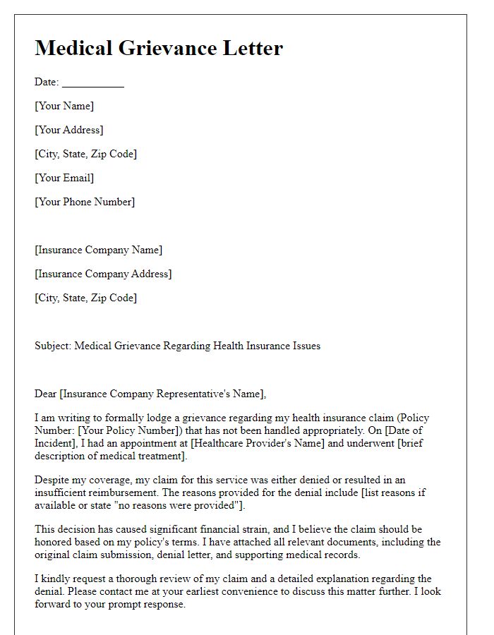 Letter template of Medical Grievance for Health Insurance Issues