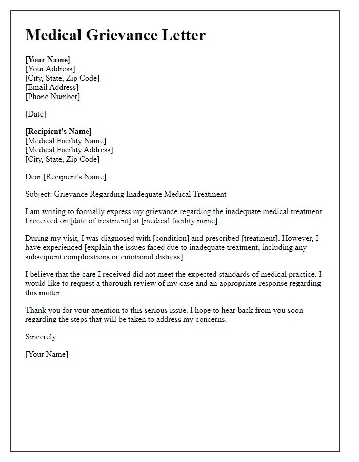 Letter template of Medical Grievance for Inadequate Treatment