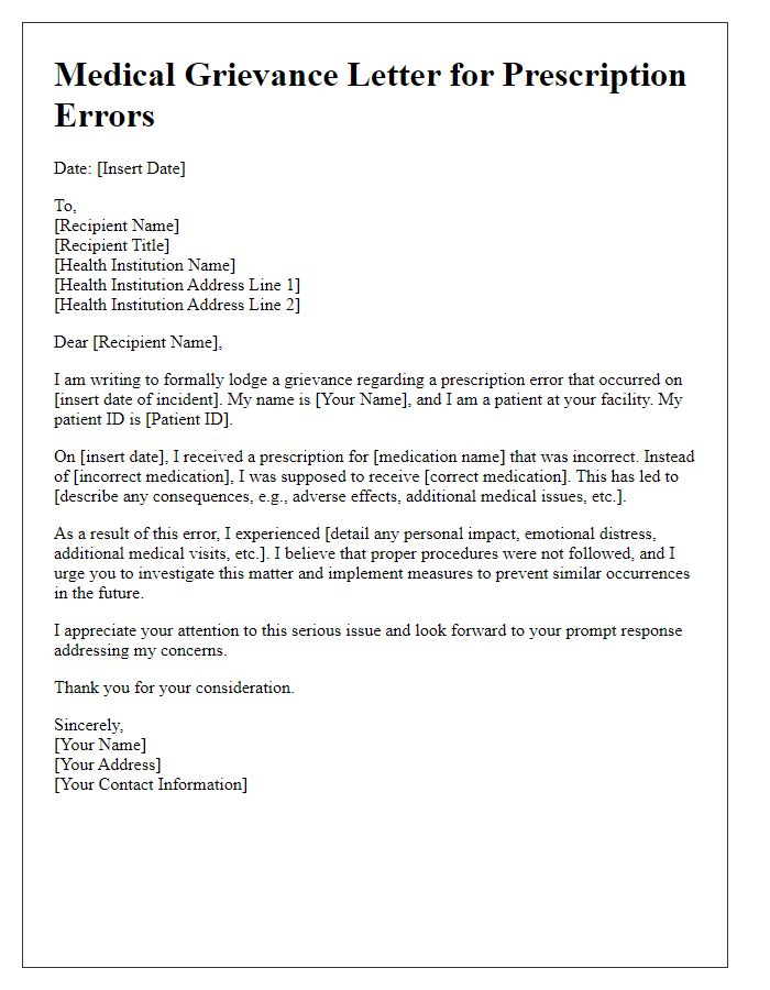 Letter template of Medical Grievance for Prescription Errors