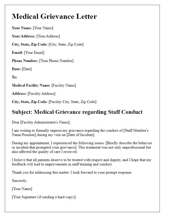 Letter template of Medical Grievance for Staff Conduct