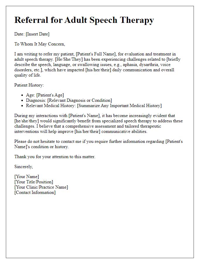 Letter template of referral for adult speech therapy