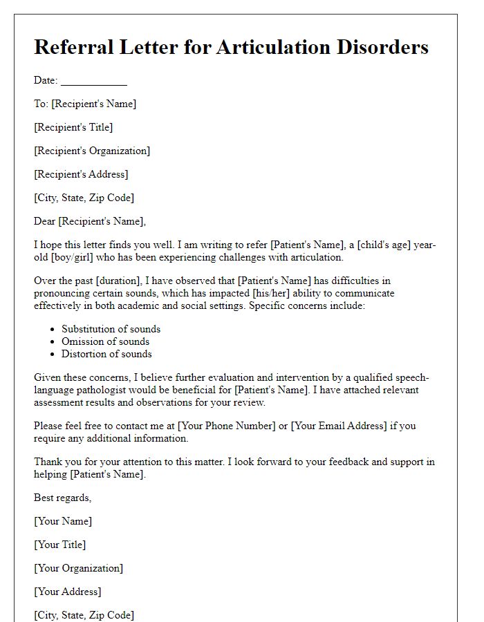 Letter template of referral for articulation disorders