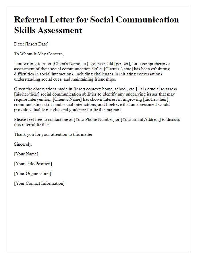 Letter template of referral for social communication skills assessment