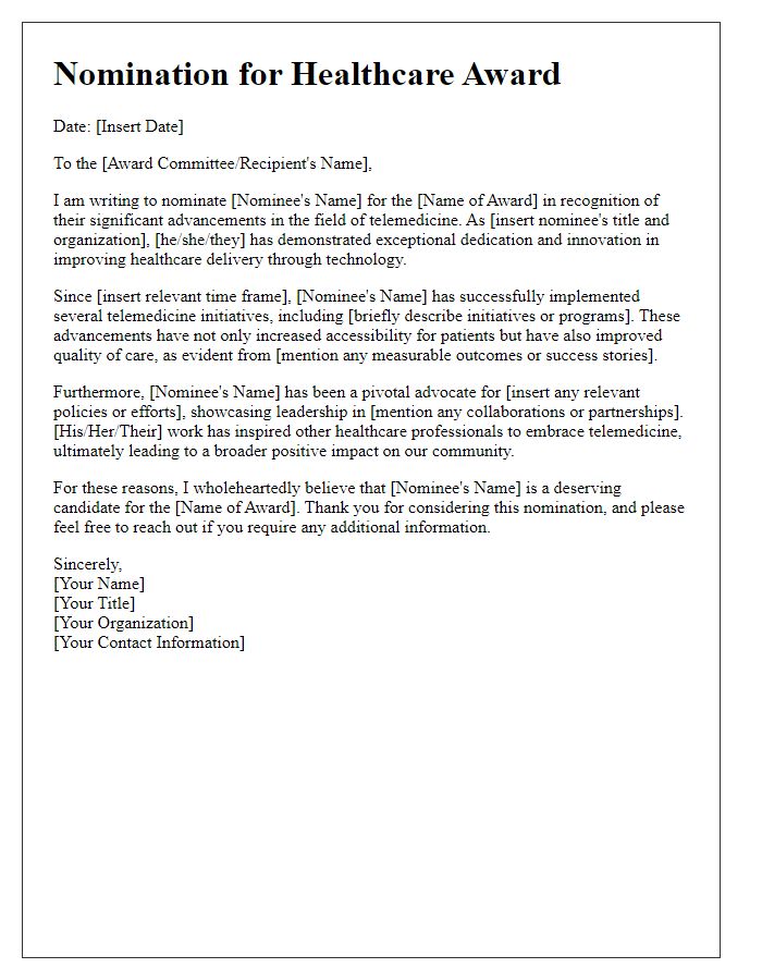 Letter template of healthcare award nomination for advancements in telemedicine.