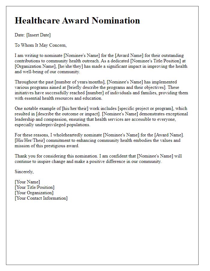 Letter template of healthcare award nomination for community health outreach.