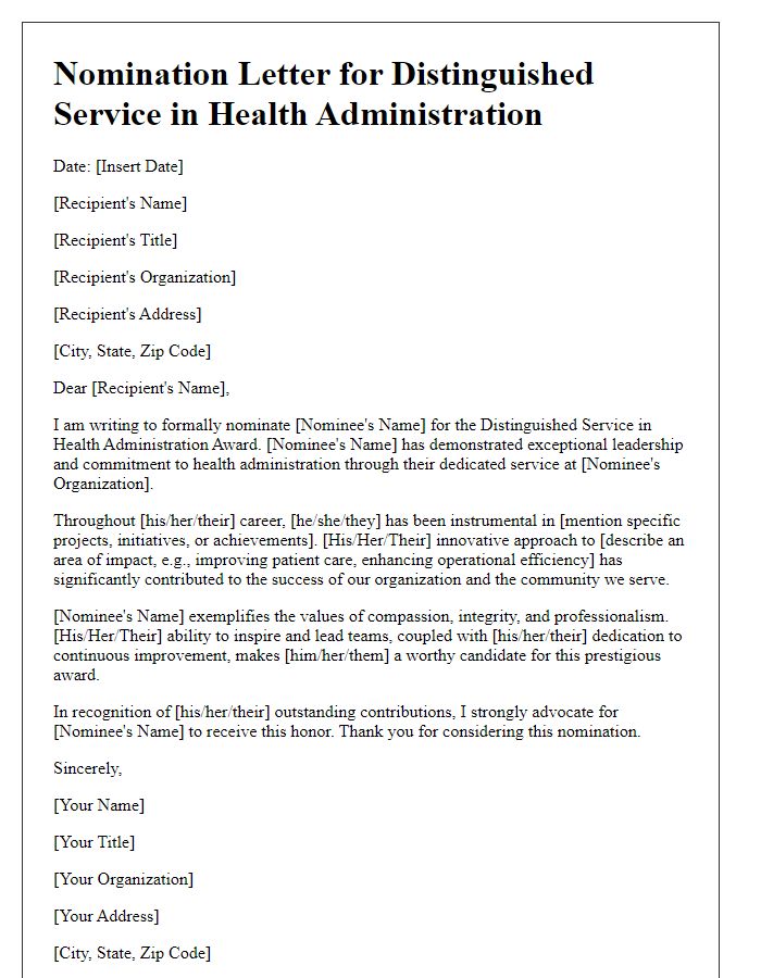 Letter template of healthcare award nomination for distinguished service in health administration.