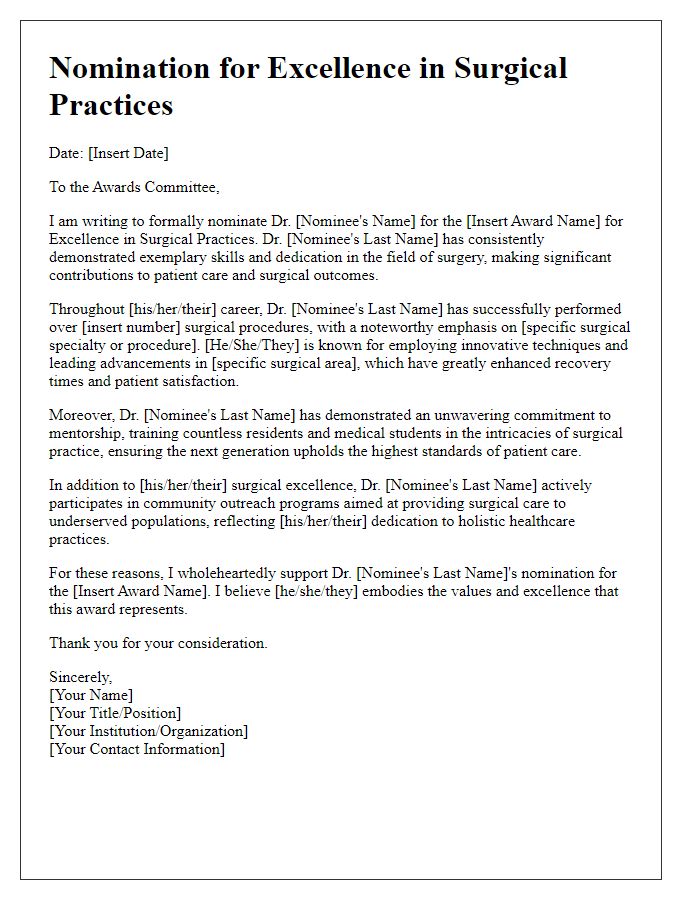 Letter template of healthcare award nomination for excellence in surgical practices.