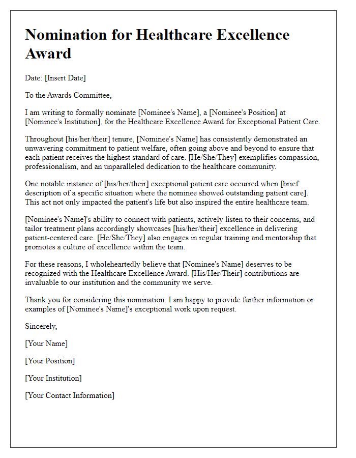 Letter template of healthcare award nomination for exceptional patient care.