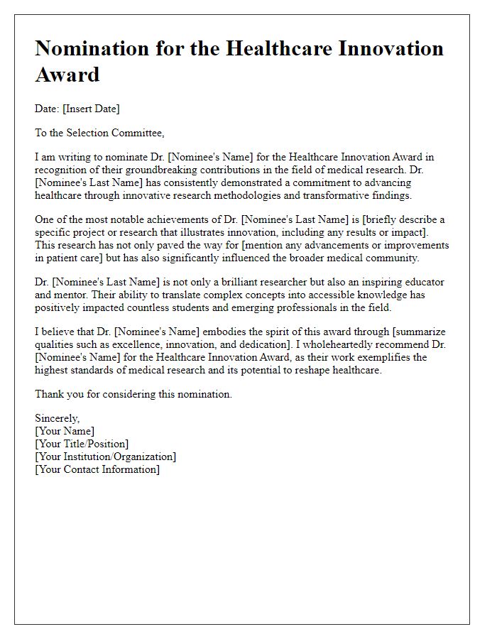 Letter template of healthcare award nomination for innovative medical research.