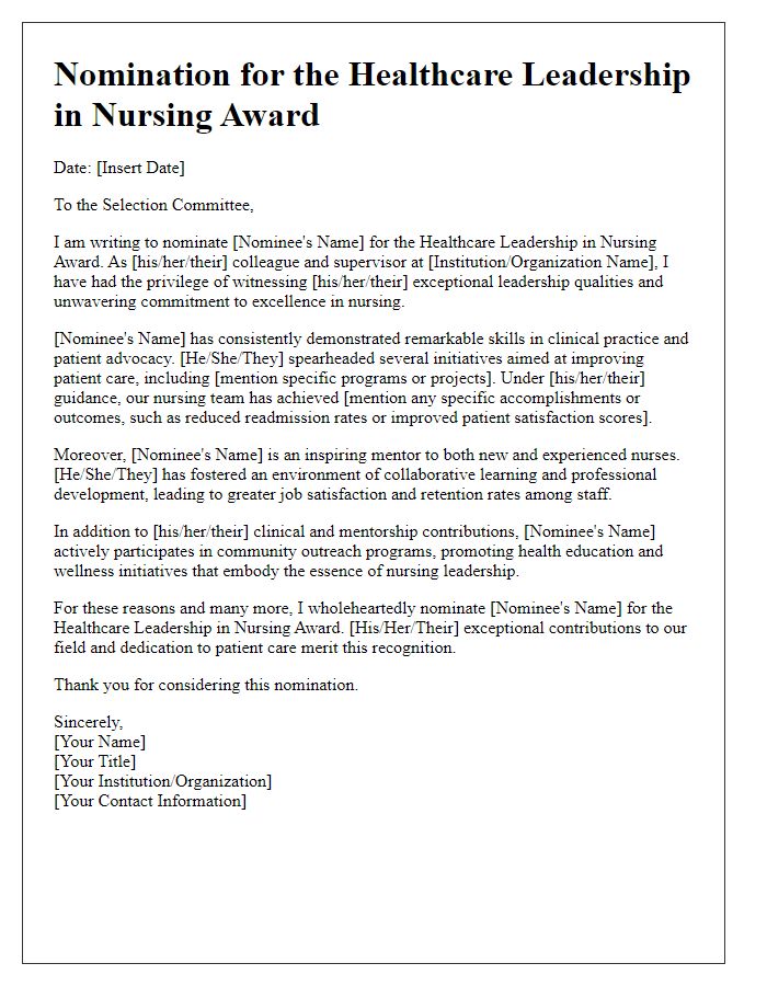 Letter template of healthcare award nomination for leadership in nursing.