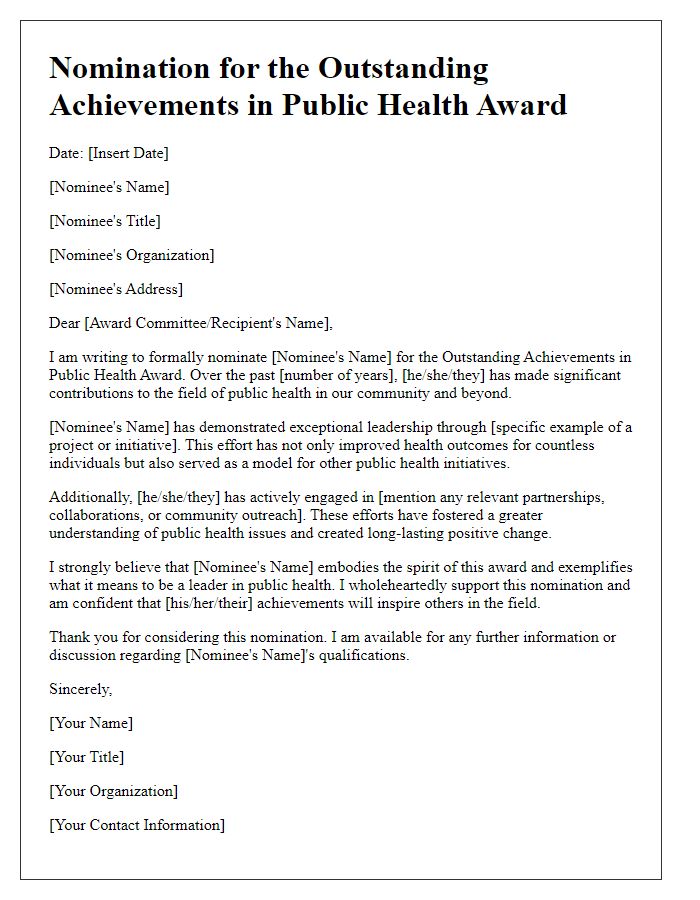 Letter template of healthcare award nomination for outstanding achievements in public health.