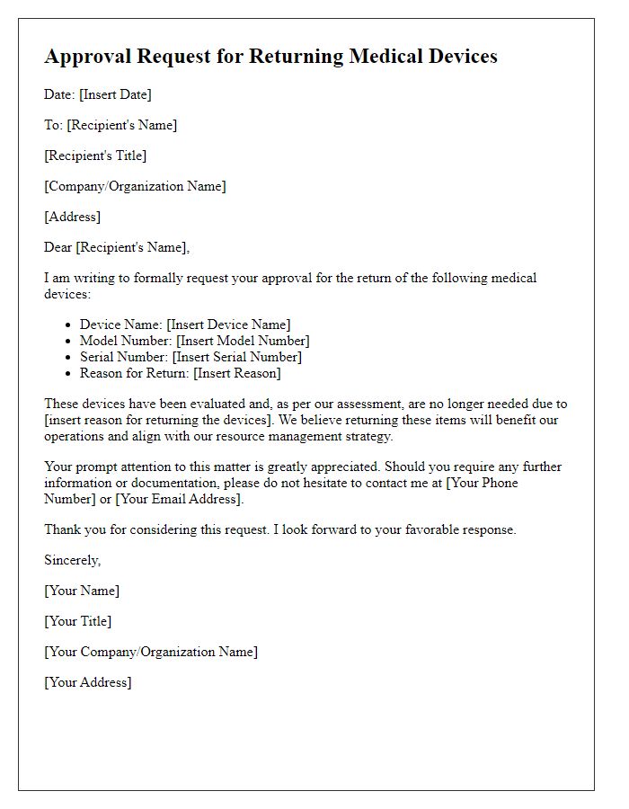 Letter template of approval request for returning medical devices