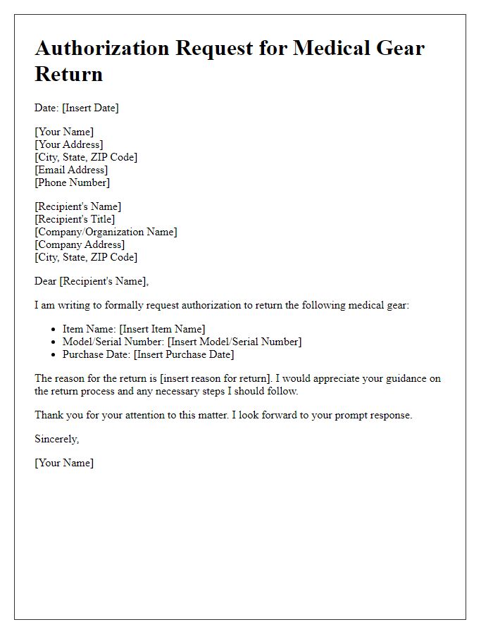 Letter template of authorization request for medical gear return