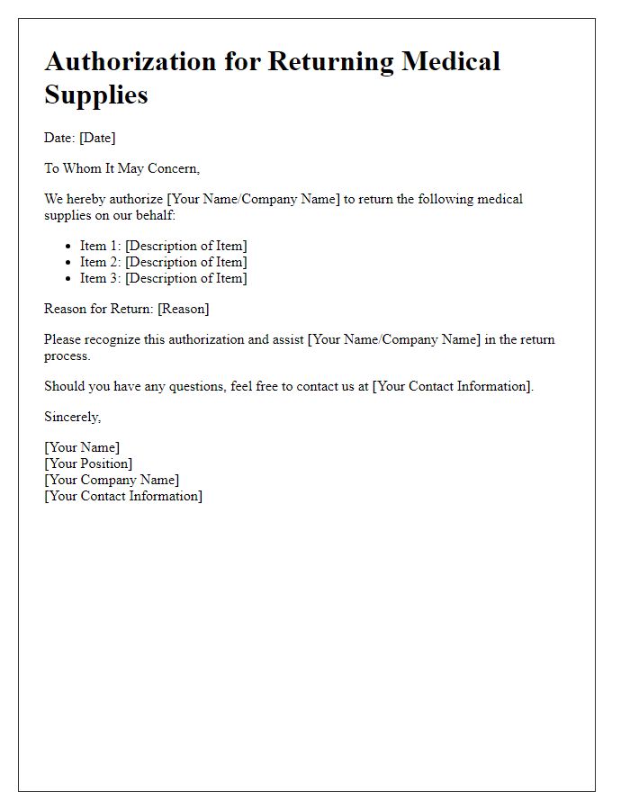 Letter template of authorization for returning medical supplies