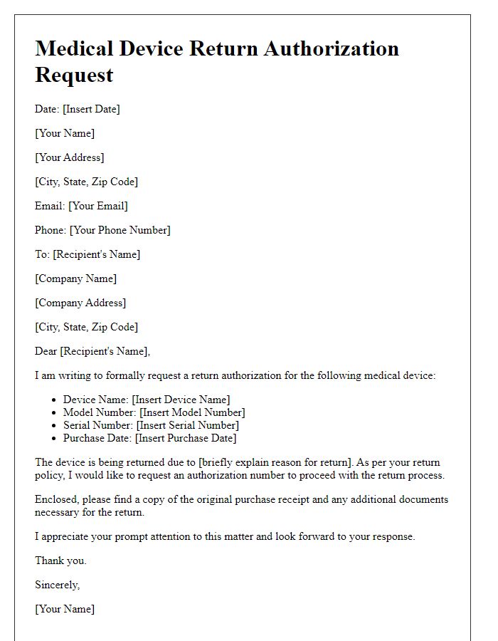 Letter template of medical device return authorization request