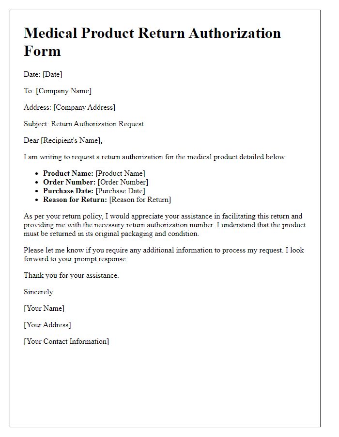 Letter template of medical product return authorization form