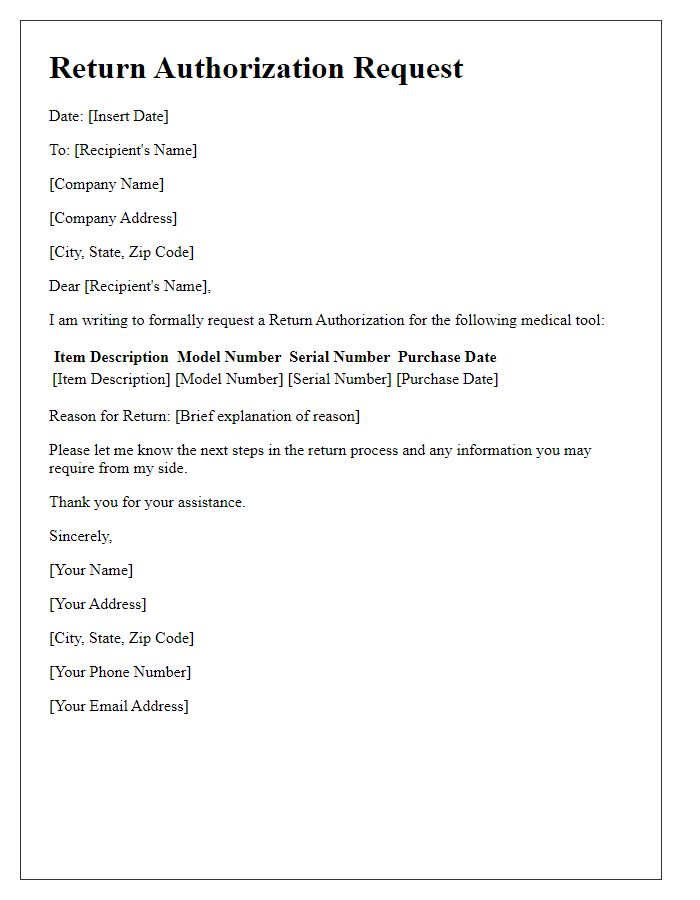 Letter template of medical tool return authorization process