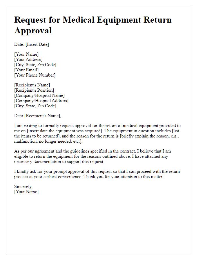 Letter template of request for medical equipment return approval