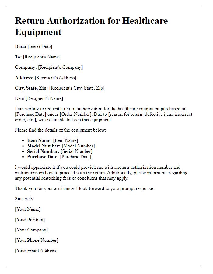 Letter template of return authorization for healthcare equipment