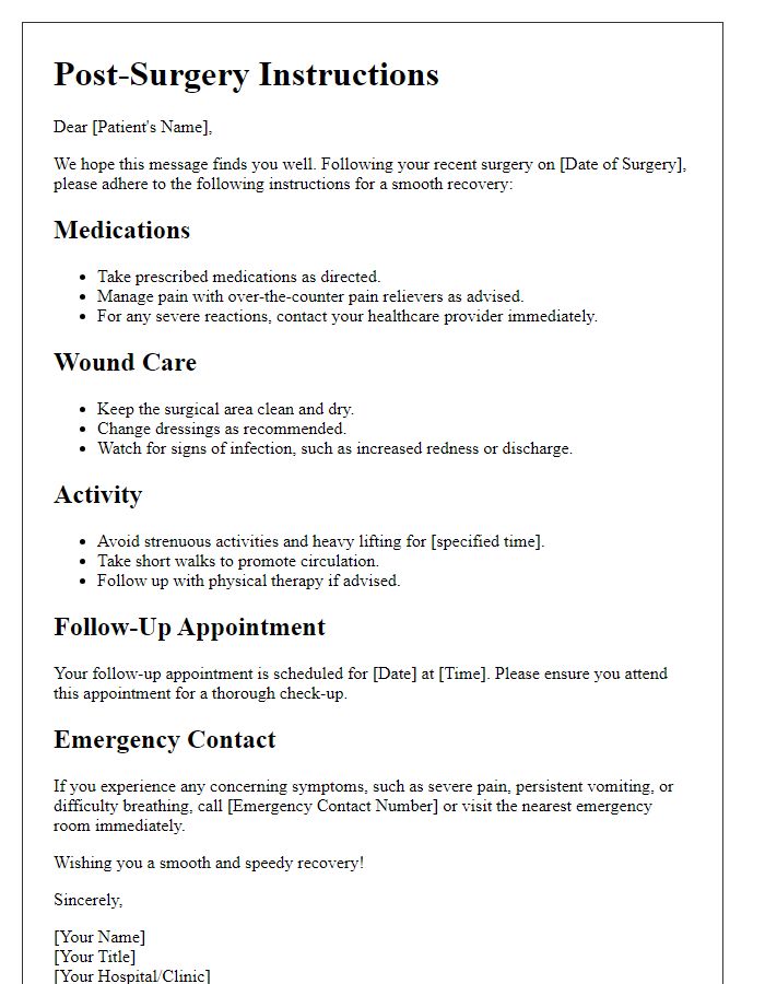 Letter template of after-surgery instructions for patient recovery.