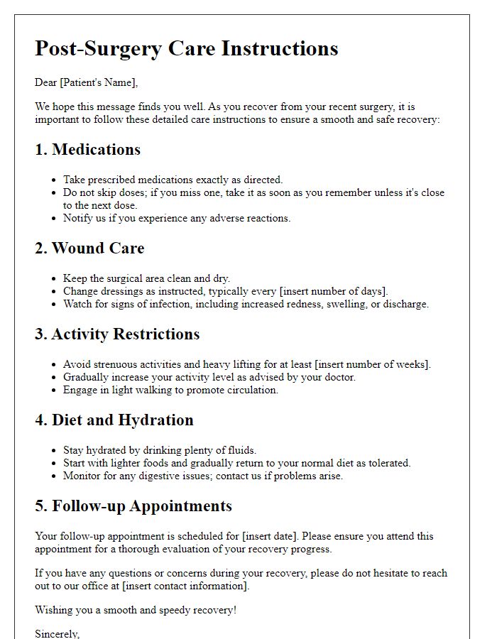 Letter template of detailed post-surgery care instructions for individuals.