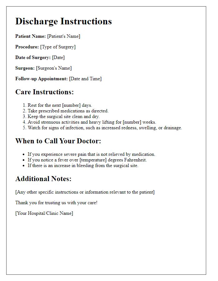 Letter template of discharge instructions following surgical procedures.