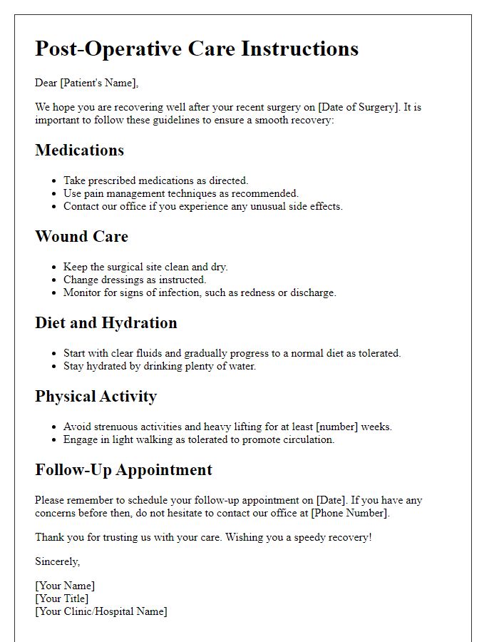 Letter template of essential post-operative advice for surgical patients.