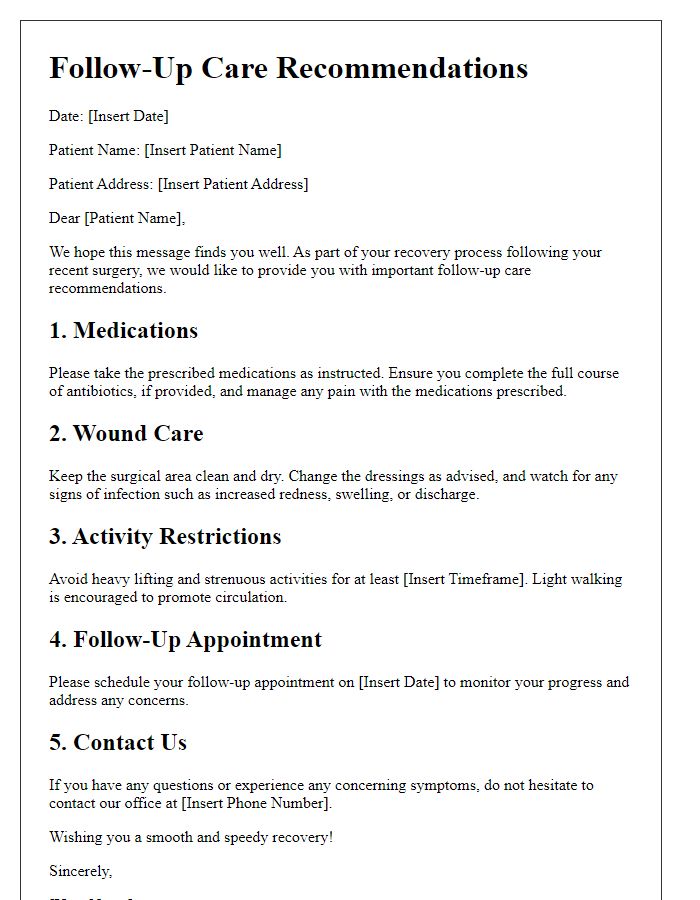 Letter template of follow-up care recommendations after surgery.