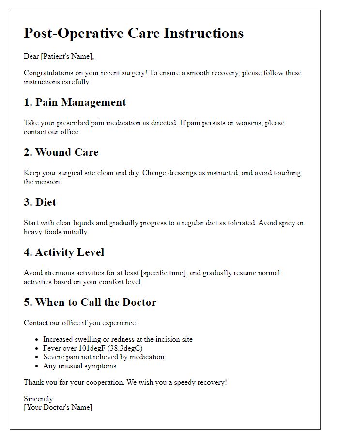 Letter template of patient instructions for managing post-operative symptoms.