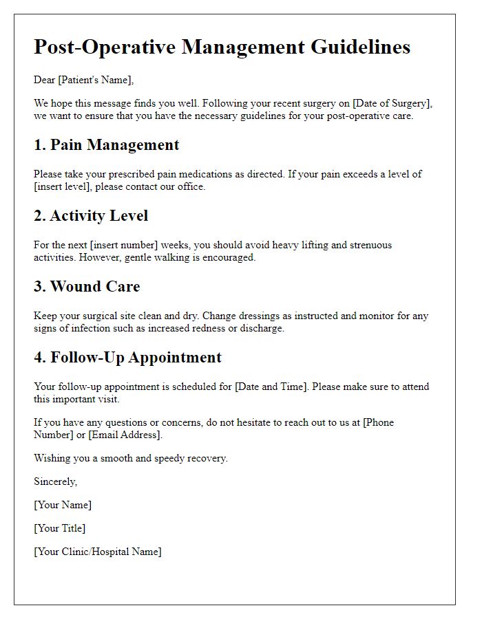 Letter template of personalized post-operative management guidelines for patients.