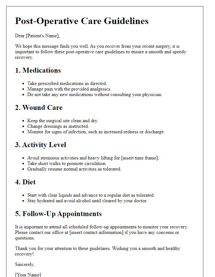 Letter template of post-operative care guidelines for patients.