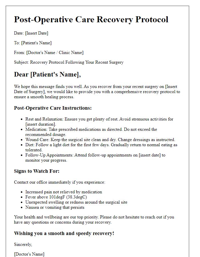 Letter template of recovery protocol for post-operative care.