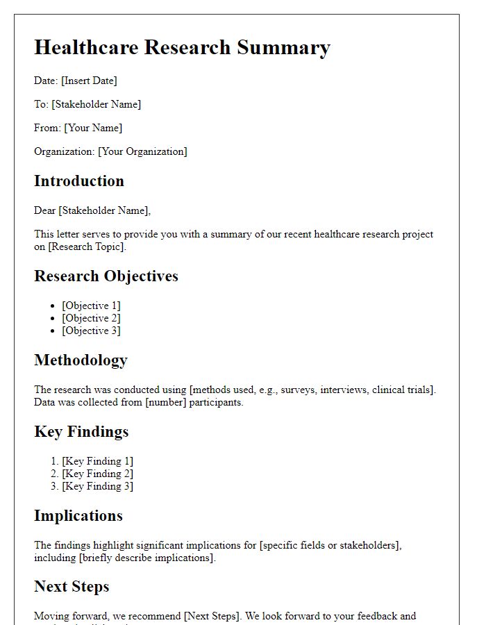 Letter template of Healthcare Research Summary for Stakeholders