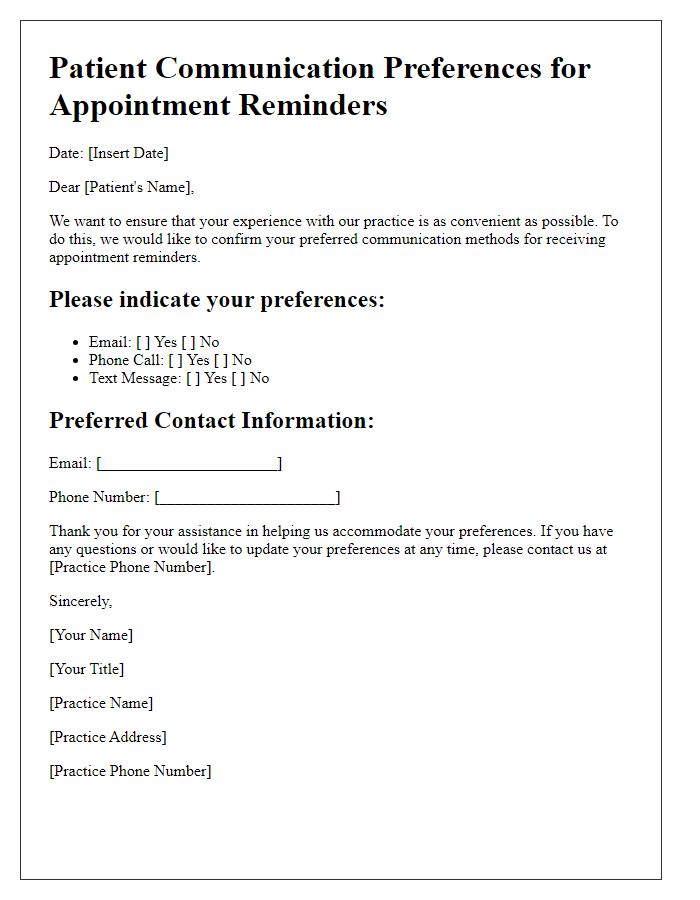 Letter template of patient communication preferences for appointment reminders