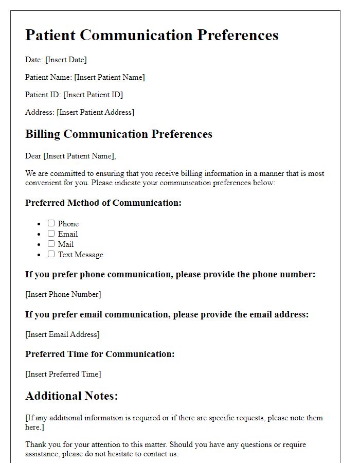 Letter template of patient communication preferences for billing information