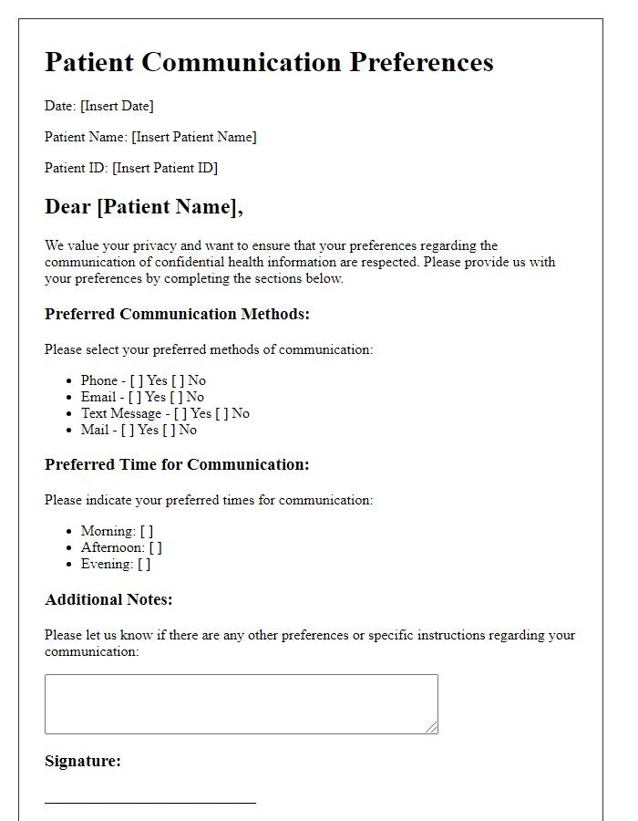 Letter template of patient communication preferences for confidential health information