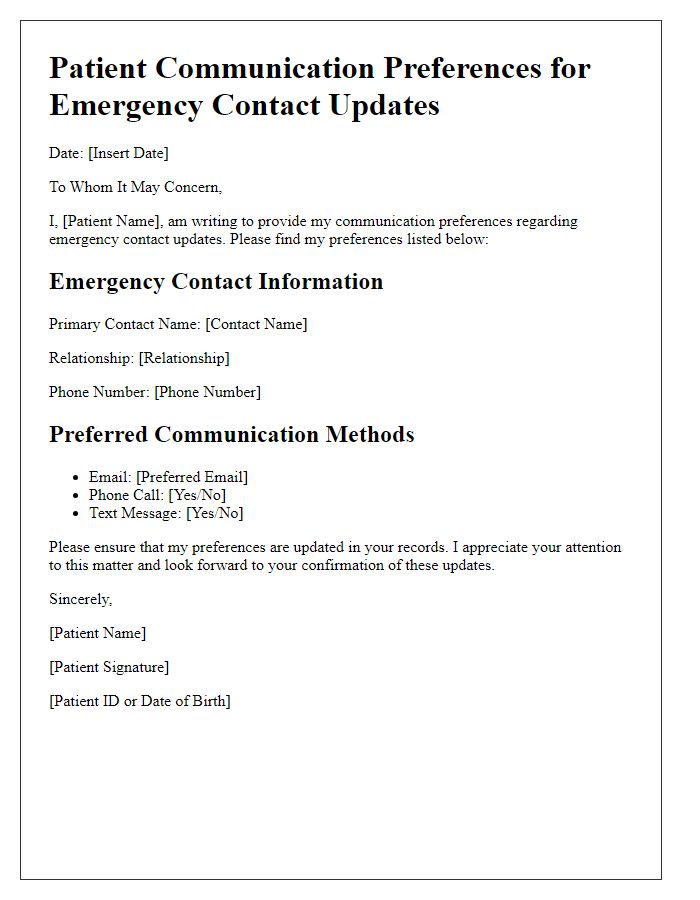 Letter template of patient communication preferences for emergency contact updates