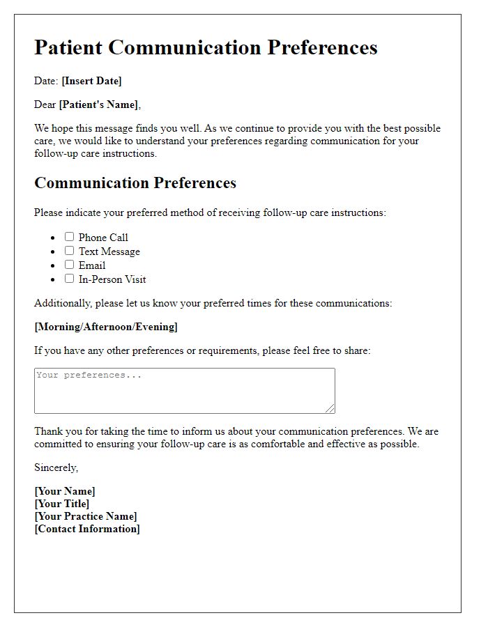 Letter template of patient communication preferences for follow-up care instructions