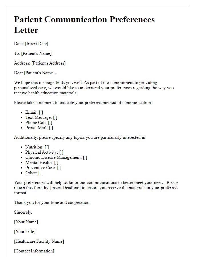 Letter template of patient communication preferences for health education materials