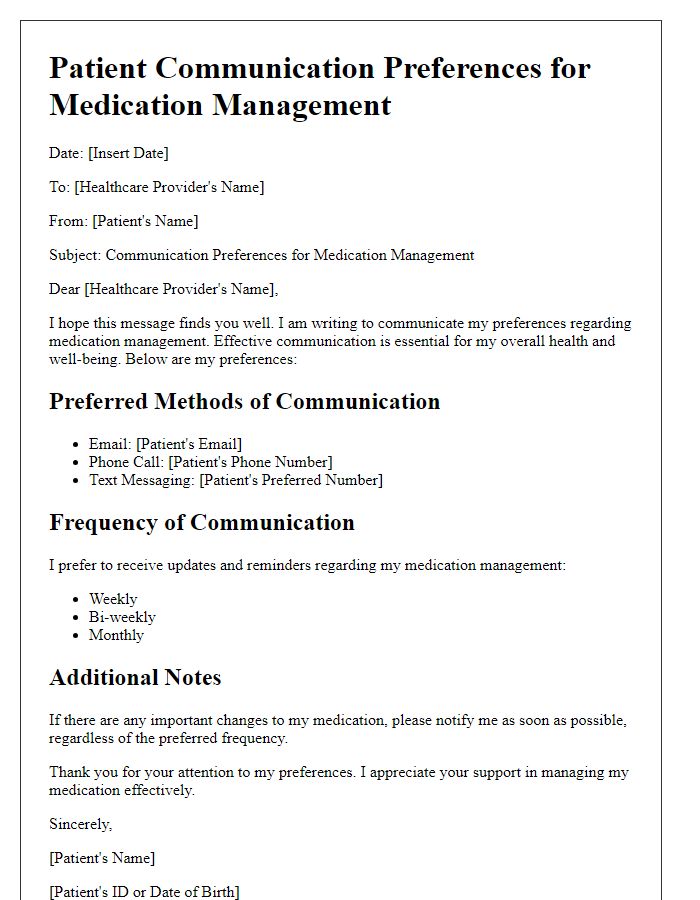 Letter template of patient communication preferences for medication management